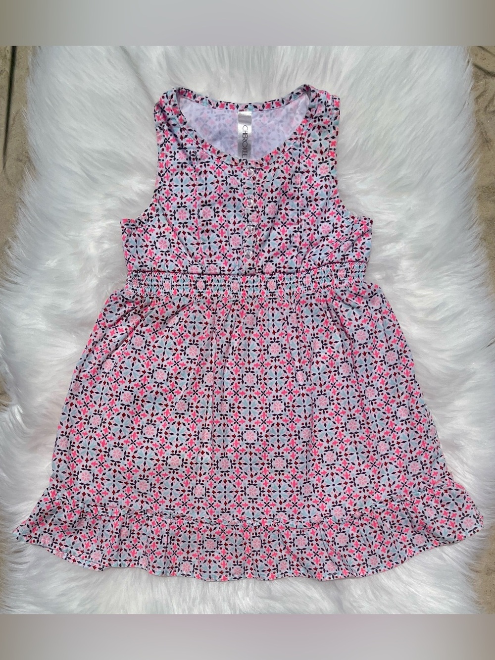 Pink and Blue Geometric Floral Patterned Sleeveless Dress. Girls Size 6/ 6x